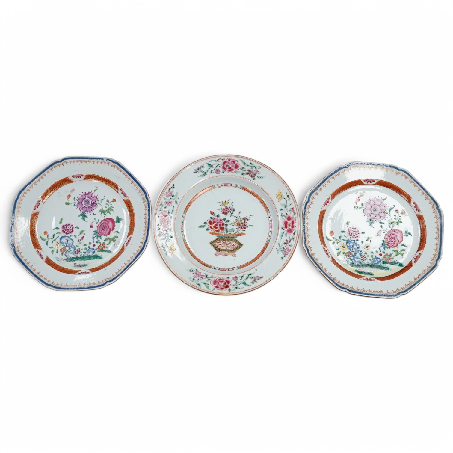 Three Chinese famille rose plates, late 18th century, circular plate 22cm diameter. Condition - edges chipped